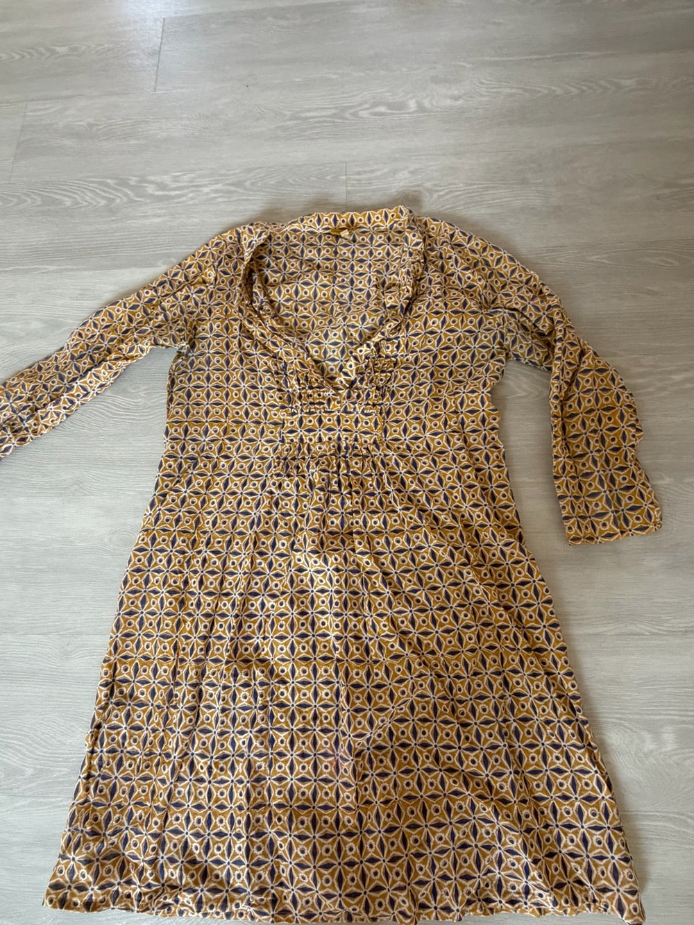 Roberta Roller Rabbit Mustard and Navy Geometric Long Sleeve Dress.